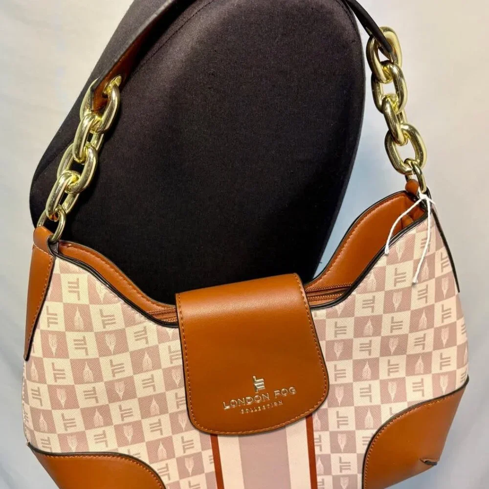 London Fog Aryana Shoulder Bag Jacquard White, Pink and Brown NEW w/out tags